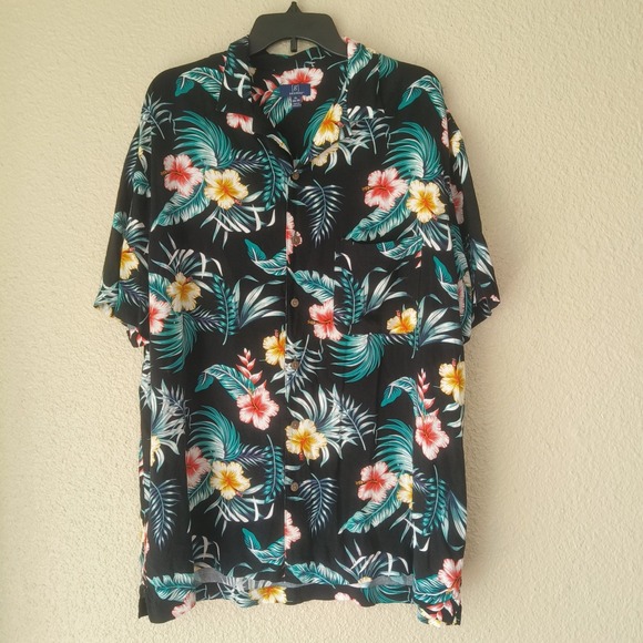 George black tropical print‎ shirt for men (size XL 46-48) short sleeve buttons - Picture 1 of 8